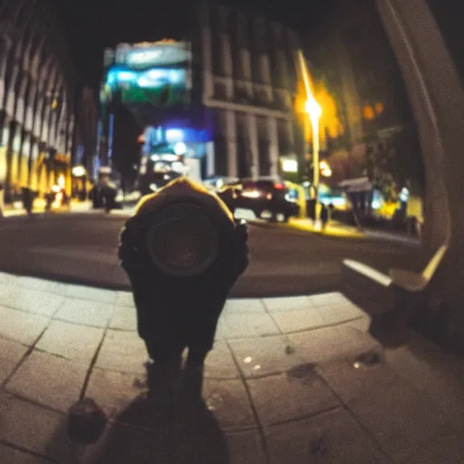 Image similar to widest fish eye lens extremely close to homeless man's face action at night