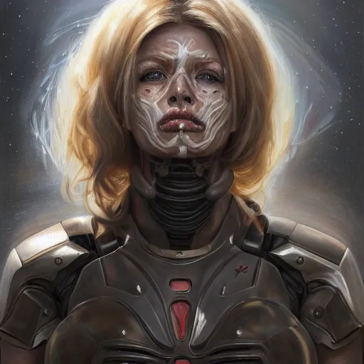 Image similar to portrait of a woman with the scars of battle on her face, wearing sci-fi power armor, Alexandria's genesis, chin-length hair, bored, illustration, soft lighting, soft details, hyper realism, high detailed, painting oil on canvas by mark arian by artgerm, trending on artstation, 4k, 8k, HD