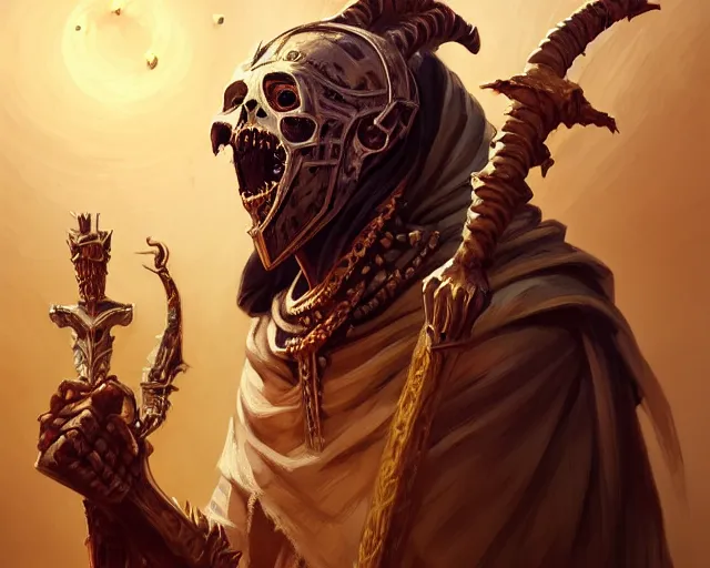 Image similar to an undead desert lich pharaoh, holding a goat head staff, deep focus, d & d, scary, fantasy, intricate, elegant, highly detailed, digital painting, artstation, concept art, matte, sharp, illustration, hearthstone, art by artgerm and greg rutkowski and alphonse mucha