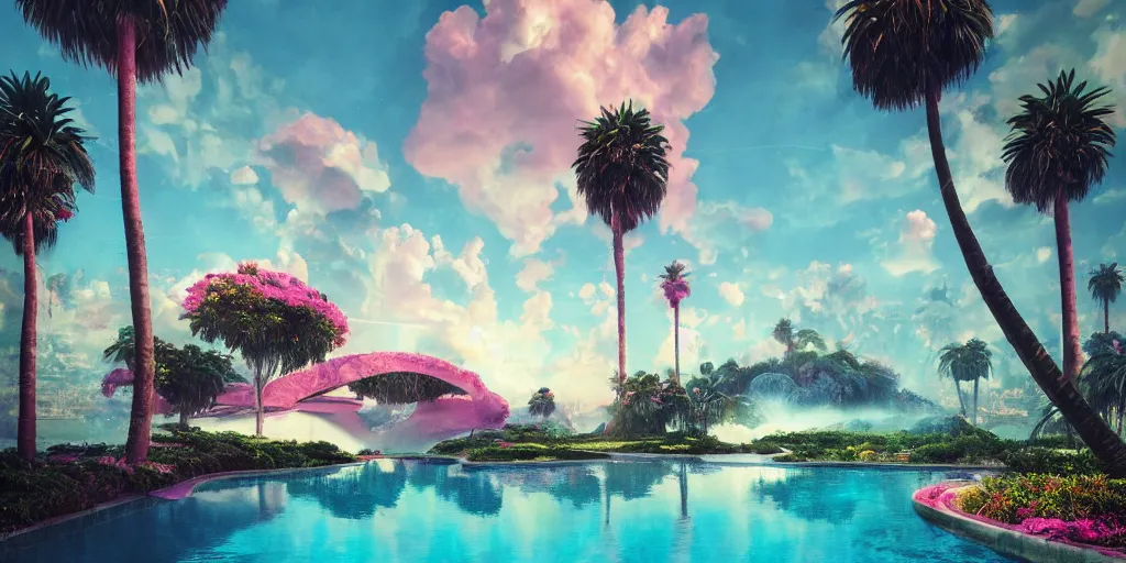 Image similar to Beeple masterpiece, hyperrealistic surrealism, award winning masterpiece with incredible details, epic stunning, infinity pool, a surreal vaporwave liminal space, highly detailed, trending on ArtStation, calming, meditative, pink arches, palm trees, surreal, sharp details, dreamscape, giant gold head statue ruins, crystal clear water, sunrise