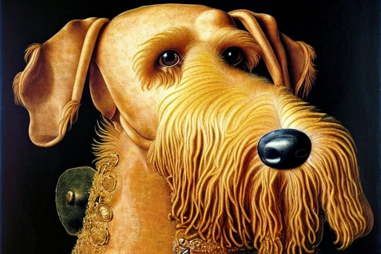 Prompt: portrait of airedale terrier. painting by giuseppe arcimboldo