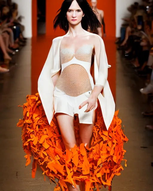 Image similar to olivia wearing an outfit made of orange peels, runway model at new york fashion week, sporty physique, black hair, freckles, pale skin, half body shot, photo by greg rutkowski, stage lighting, soft colors, female beauty, intricate detail, elegance, 3 5 mm, depth of field, masterpiece