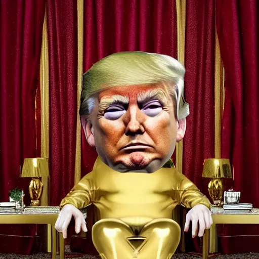 Image similar to donald trump sitting on a gold toilet looking upset, photorealistic