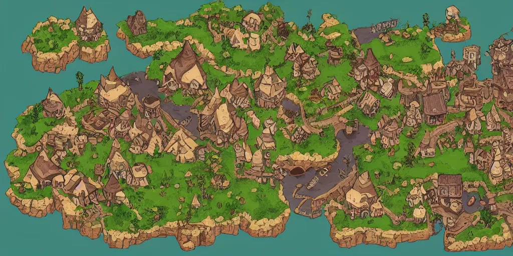 Image similar to a high detailed fantasy bandit camp vector art an aerial view of a cartoonish rpg village by dungeondraft, dofus, patreon content, hd, straight lines, vector, grid, dnd map, map patreon, fantasy maps, foundry vtt, fantasy grounds, aerial view, dungeondraft, tabletop, inkarnate, dugeondraft, roll 2 0