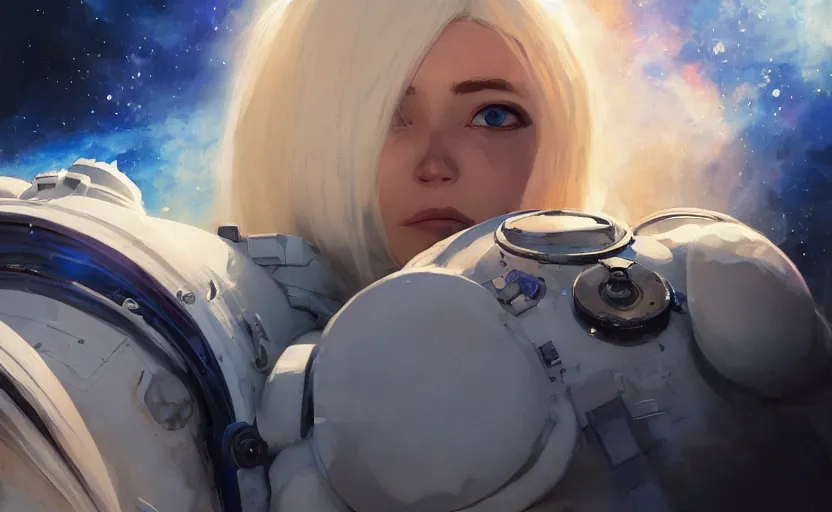 Prompt: portrait of a blue-eyed girl with white hair in a space suit against the background of space, painting by Craig Mullins, octane rendering, soft morning lighting, wide angle lens, in the style of Hayao Miyazaki, trending on artstation,