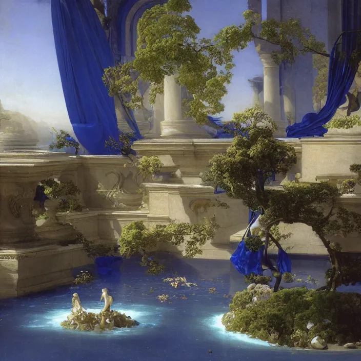 Prompt: gardens of marble draped in flowing sheets of cobalt blue gold silver satin, by ivan aivazovsky syd mead moebius roger dean donato giancola yoshitaka amano pieter claesz paul delaroche alma tadema aelbert cuyp willem claesz, hyperrealistic, volumetric light, render