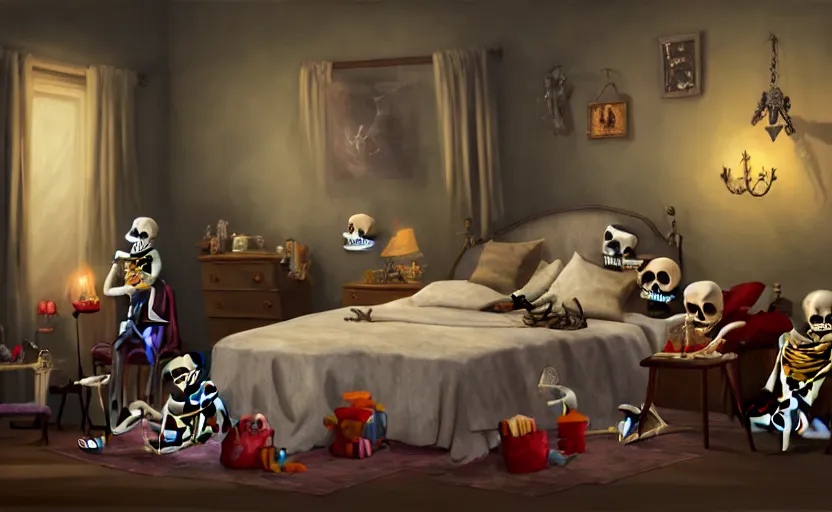 Image similar to matte oil painting of a skeleton dressed in pajamas and nightcaps and robes and slippers inside of a dim bedroom that is full of knickknacks and toys, sleepy, cozy, warm