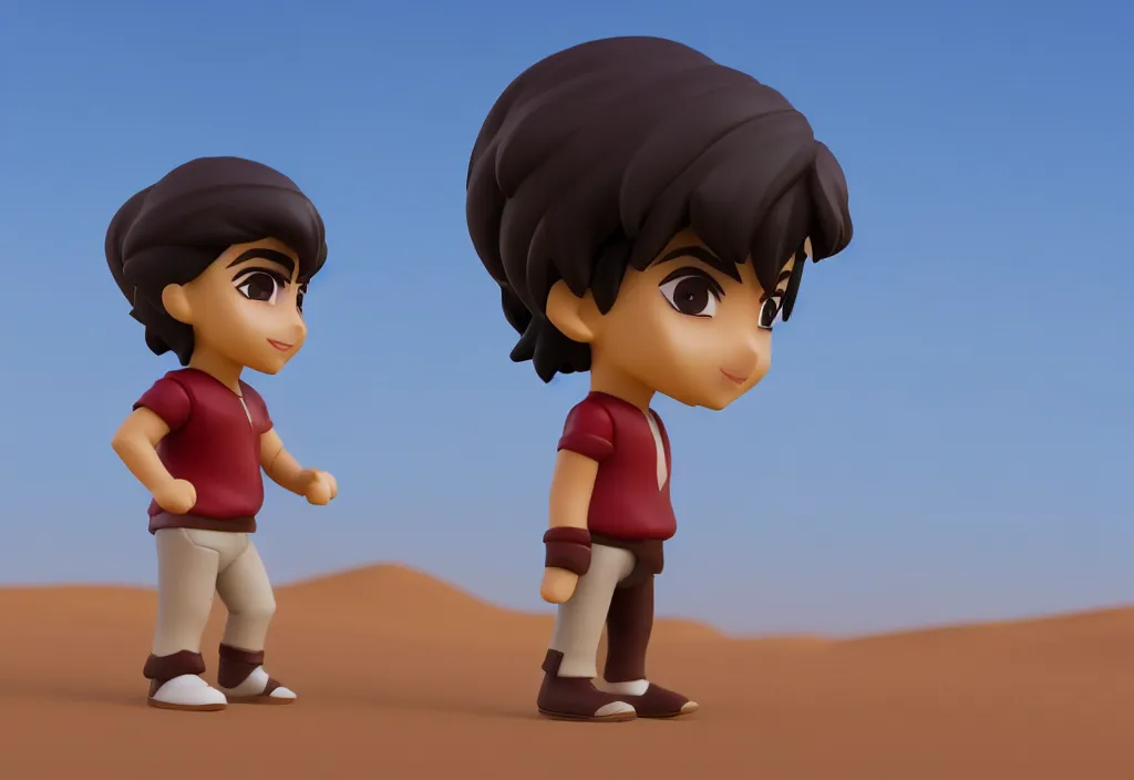 Image similar to profile view of arabic young aladdin as nendoroid walking in a desert, 8 k, hd, dof, kodak film, volumetric lighting, subsurface scattering, photorealistic, octane render