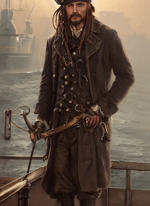 Prompt: portrait of a 1 9 th century pirate in a trenchcoat standing on the deck of a ship, victorian, concept art, detailed face, fantasy, highly detailed, cinematic lighting, digital art painting by greg rutkowski