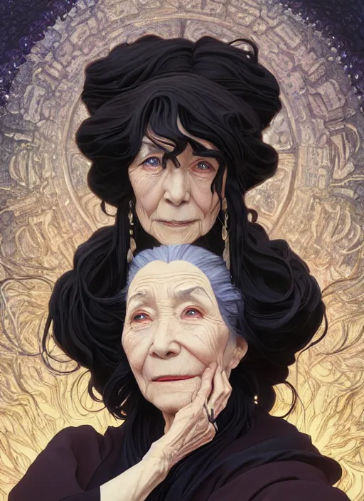 Image similar to wizened old witch with curly shiny shimmering black hair, path traced, highly detailed, high quality, digital painting, by studio ghibli and alphonse mucha, leesha hannigan, hidari, disney