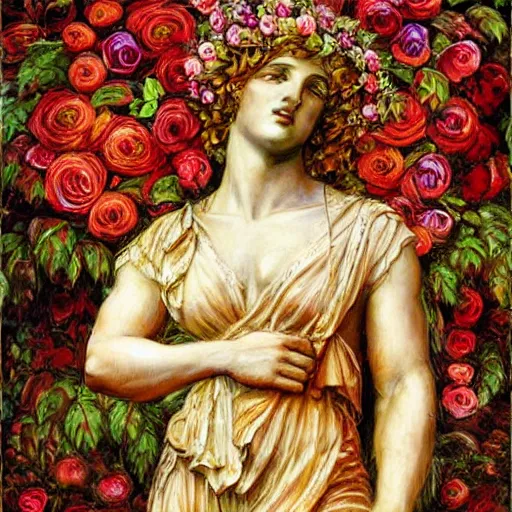 Image similar to portrait of a greek statue covered in roses, by josephine wall