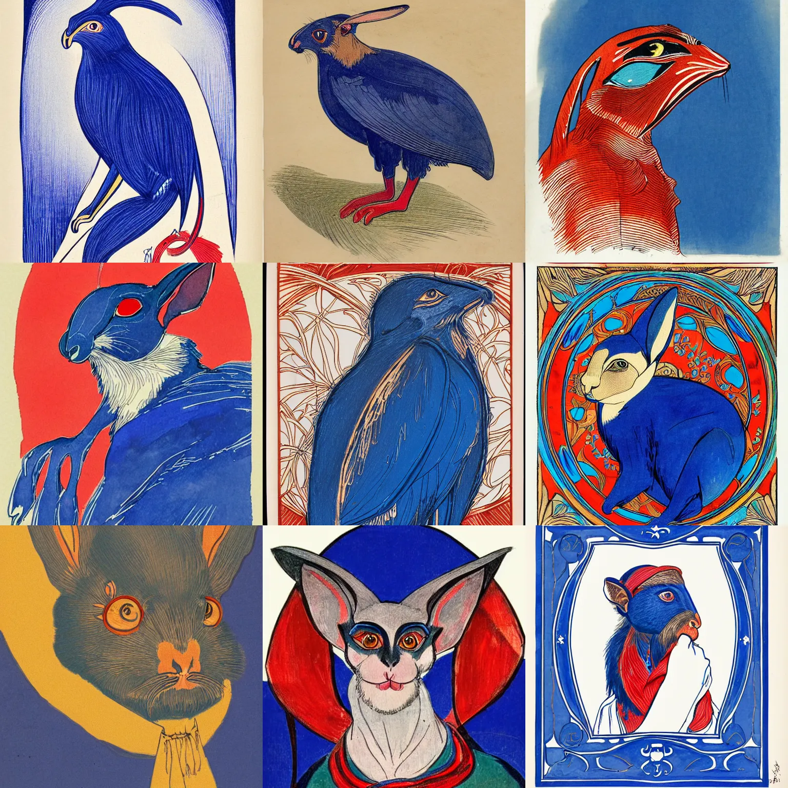 Prompt: art nouveau illustration of rabbit - eared monkey - crow wearing a poncho, portrait, ultramarine blue and venetian red, sharp details, sketchy expressive linework