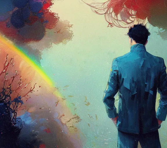 Prompt: harmony blue jacket, tiny rainbow triangles, black haired yoongi, by wlop, james jean, victo ngai, muted colors, highly detailed, fantasy art by craig mullins, thomas kinkade