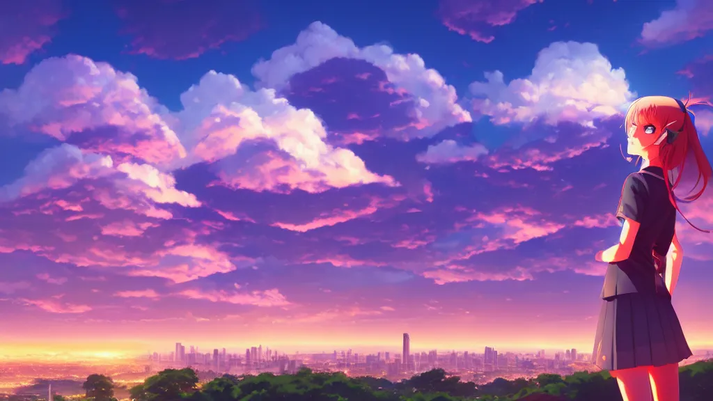 Prompt: a schoolgirl was looking at the city in the distance on the hillside, beautiful and spectacular dusk, giant cumulonimbus cloud, rich vivid colors, ambient lighting, dynamic lighting, official media, anime key visual, rossdraws, detailed, trending on artstation.