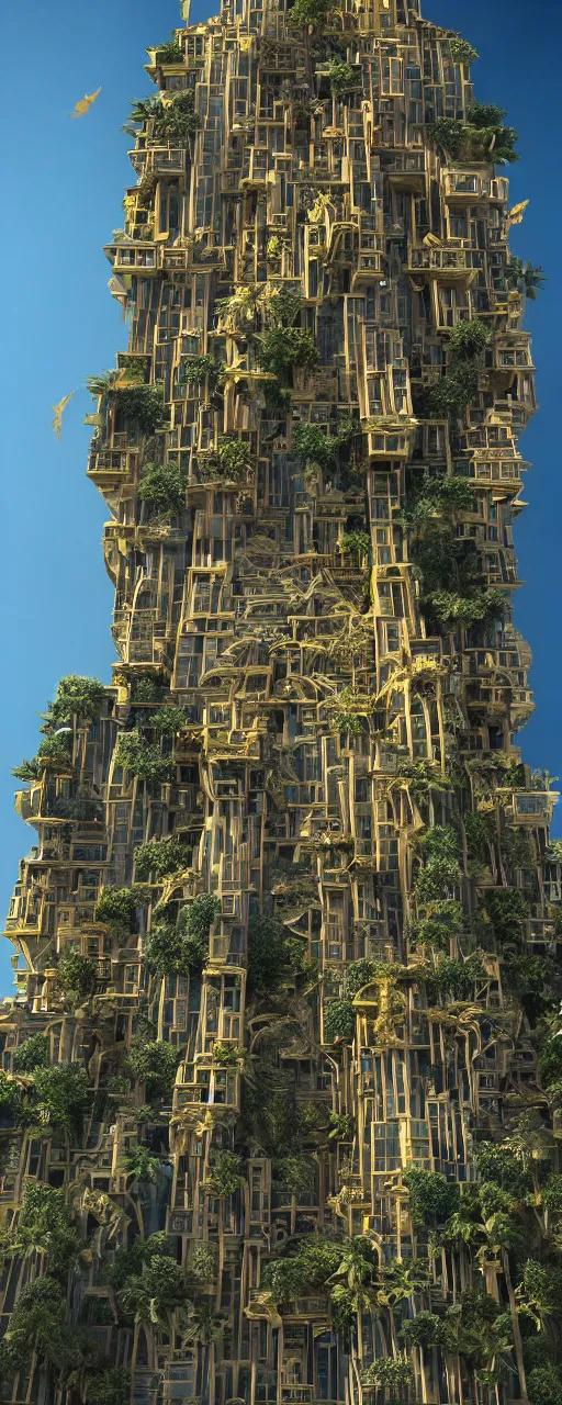 Prompt: epic eye level view of a contemporary tower, golden intricate details, golden facade, sacred architecture, hanging gardens, cascading highrise, arid mountains with lush palm forest, photorealistic, sunlight, 8 k, post - production, octane, cgi, sfx