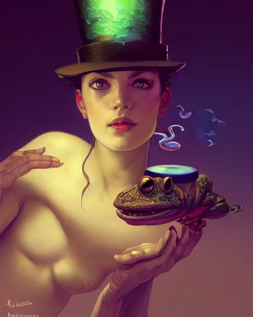 Prompt: close portrait with the creature, a toad with a top hat, smoking weed, vaporwave, bedroom, highly detailed, digital painting, artstation, concept art, smooth, sharp focus, illustration, art by artgerm and greg rutkowski and alphonse mucha