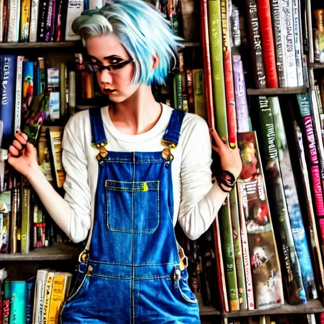 Image similar to full body pose, beautiful adult book fairy, pixar, short white hair shaved sides, dirty, grungy, grunge, long sleeve, painted overalls, stacks of giant books, highly detailed, 4 k, hdr, smooth, sharp focus, high resolution, award - winning photo, artgerm, photorealistic