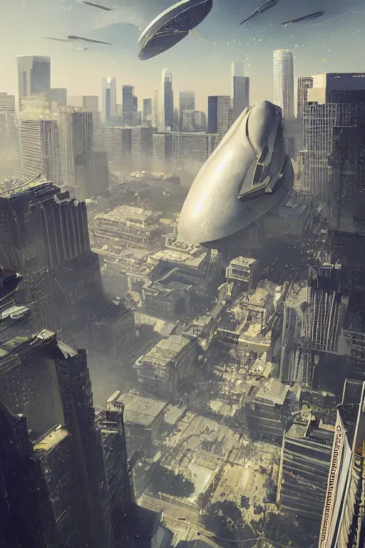 Image similar to Downtown Los Angeles being visited by a large UFO, an epic painting, glinting metal, volumetric lighting, intricate, elegant, highly detailed, digital painting, artstation, concept art, smooth, sharp focus, art by Maciej Kuciara