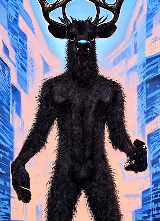 Image similar to aesthetic portrait commission of a of a male fully furry anthro black deer with a tail and a beautiful attractive hyperdetailed face wearing wearing a outfit in a sci - fi dystopian city at golden hour while it storms in the background. character design by dayer, diego 5, detailed, inked, western comic book art, award winning film poster painting