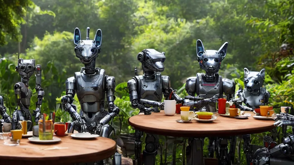 Image similar to film still from the movie chappie of the robot chappie shiny metal outdoor park plants garden scene bokeh depth of field several figures sitting down at a table having a tea party furry anthro anthropomorphic stylized cat ears wolf muzzle head android service droid robot machine fursona