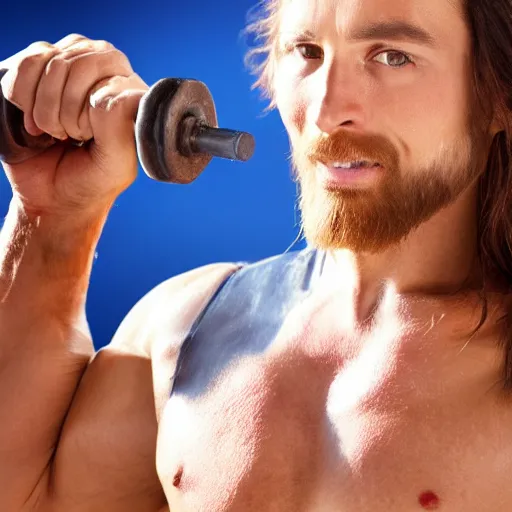 Image similar to jesus lifting weights while impressing women, hyper realistic, 4k, photograph