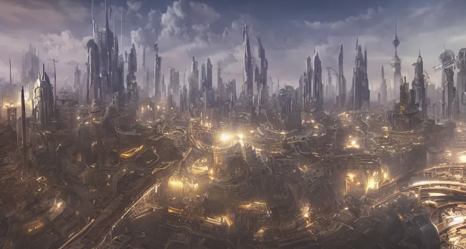 Prompt: view on futuristic city in the horizon, in style of steampunk, detailed, sharp, 4 k