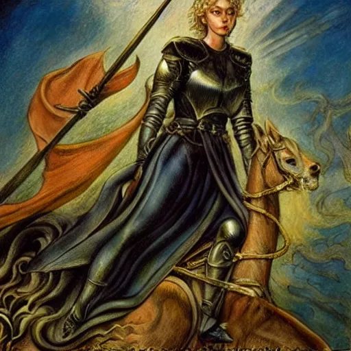 Image similar to jeanne d'arc in the style of william blake, terese nielsen, detailed, intricate, beautiful faces, steve argyle, triumphant fate, pastoral fantastic reality