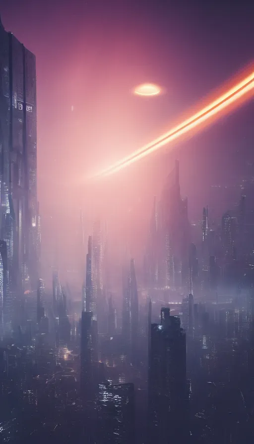 Image similar to an otherworldly futuristic Blade Runner cityscape with the planet Saturn in the background, ultra realistic, 8K