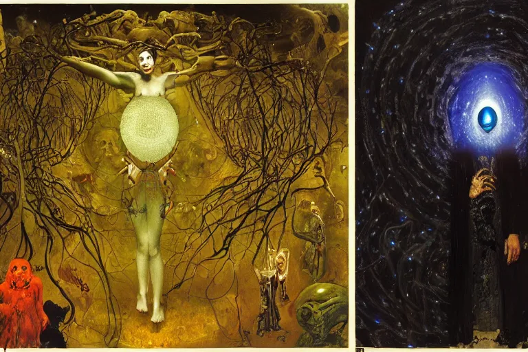 Image similar to one dark figure taming a supercomputer made of nervous system, channeling third eye energy, surrounded by a background of dark cyber mystic garden of earthly delights, midnight hour, painted part by wojciech siudmak, part by ilya repin, part by norman rockwell, part by hype williams, artstation