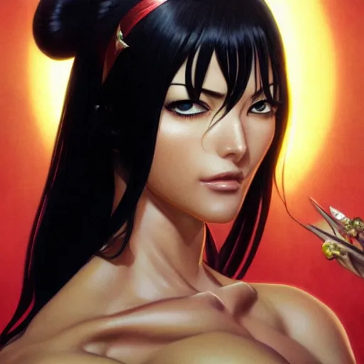 Image similar to highly detailed vfx portrait of nico robin by eiichiro oda!, yusuke murata, greg rutkowski, makoto shinkai, tom bagshaw, alphonse mucha, sharp focus, art by artgerm and stanley kubrick, backlit, harsh overhead sunlight,