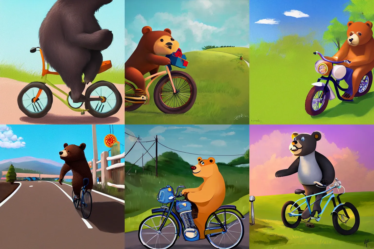 Prompt: bear driving a bike on a sunny day, in the style of Pixar, digital art,