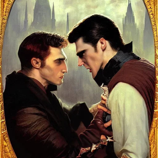 Image similar to attractive male, arthur pendragon confesses his love to attractive male dracula the vampire. highly detailed painting by gaston bussiere, craig mullins, j. c. leyendecker 8 k