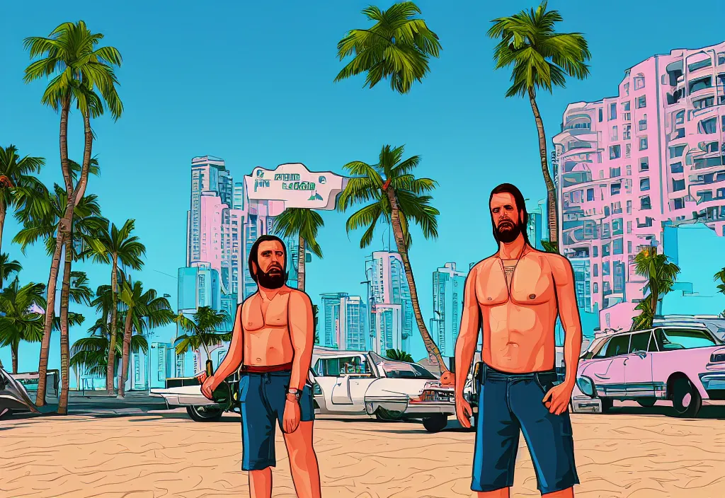 Image similar to jesus in grand theft auto loading screen, gta art style, illustration, beach, miami, vice city