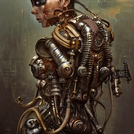 Image similar to low angle shot of a steampunk cyborg by clive barker, intricate, elegant, highly detailed, centered, digital painting, artstation, concept art, smooth, sharp focus, illustration, artgerm, Tomasz Alen Kopera, Peter Mohrbacher donato giancola, Joseph Christian Leyendecker, WLOP, Boris Vallejo.