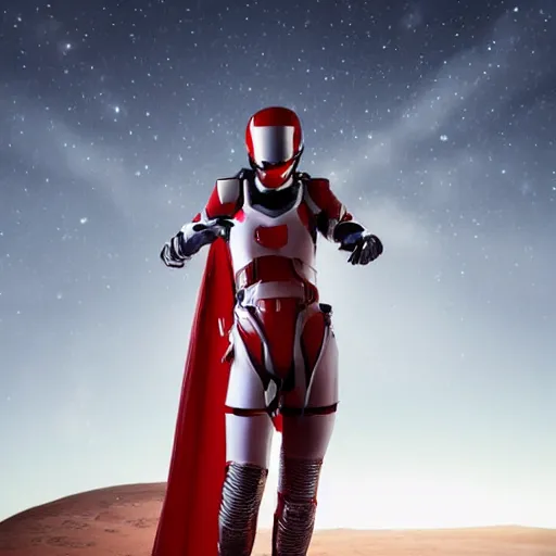 Image similar to portrait of a athletic female soldier in glossy sleek white armor with tiny red details and a long red cape, heroic posture, on the surface of mars, night time, dramatic lighting, cinematic, sci-fi, hyperrealistic