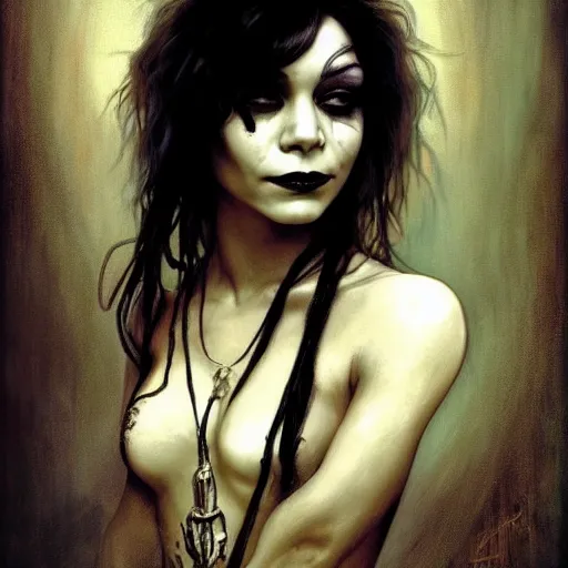 Image similar to beautiful portrait of vanessa hudgens as death from sandman, smiling, by cedric peyravernay, alphonse mucha, by jeremy mann, by lecouffe deharme, goth chic, soft lightning, eyeliner, punk rock, high detailed, 8 k