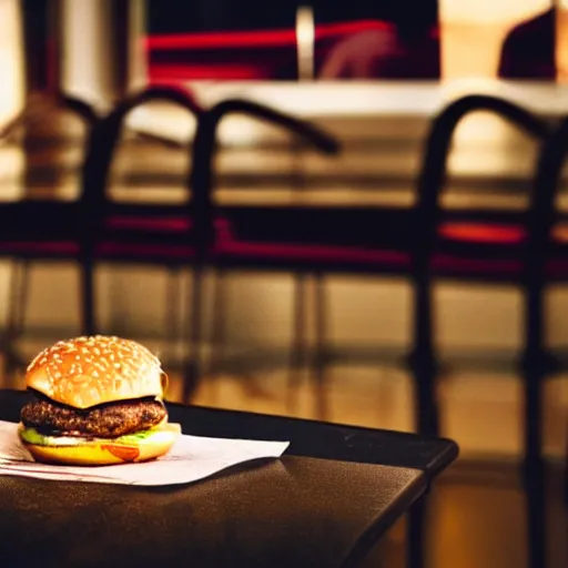 Image similar to a hamburger sitting on a table in a dimly - lit mcdonalds by the window, blue hour