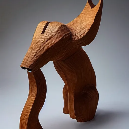 Prompt: A traditional wooden sculptures of an animal with a modern twist