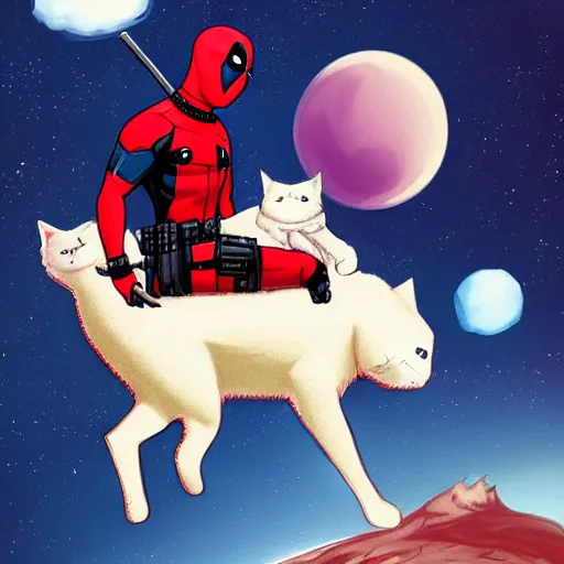 Prompt: illustration of deadpool riding on fluffy cat!!!!!!!!!!!!!!!!!!!!! in space, trending on artstation