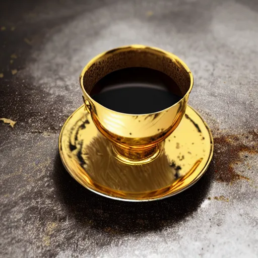 Image similar to cup of steaming coffee, ornate kinatsugi, baroque, gold dust, marble background, dark-brown, gold cracks, silver, highly detailed porcelain, glazed, volumetric dust rays, dark, intricate detail, ultra realistic, dramatic lighting, wet, shiny, unreal engine 5, hyper realistic, octane render, 8k