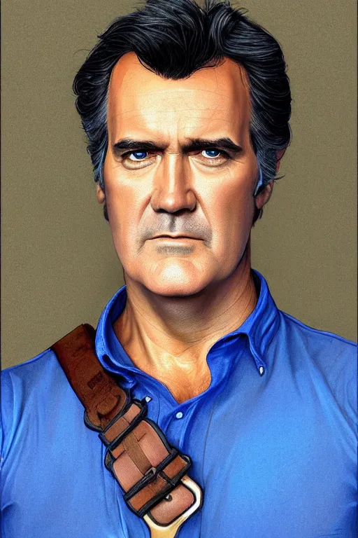 Image similar to Bruce Campbell in a blue bloody shirt with a shoulder strap, innocent, intricate, elegant, highly detailed, digital painting, artstation, concept art, smooth, sharp focus, illustration, art by artgerm and greg rutkowski and alphonse mucha