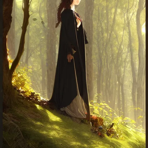 Prompt: beautiful girl wearing a black cloak standing in a forest, intricate, art by artgerm and greg rutkowski and alphonse mucha and william - adolphe bouguereau, high detailed, 4 k,