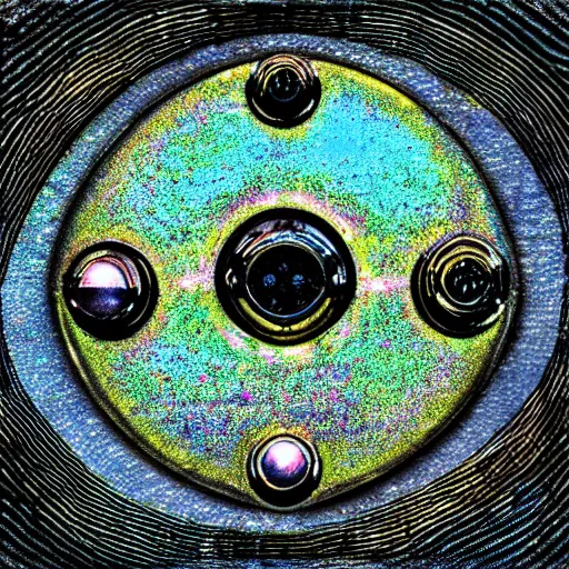 Prompt: grainy macro photograph of interdimensional metalic gizmo, digital art, iridescent