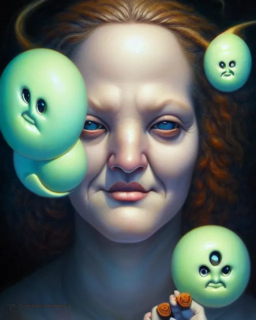 Image similar to detailed portrait of drew barrymore marshmallow!! chocolate!! biscuit! by tomasz alen kopera and peter mohrbacher and johanna martine! and margaret keane! coherent luminescent