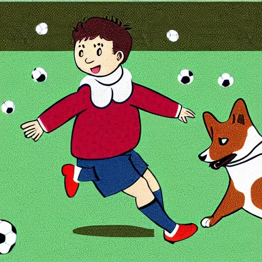 Image similar to illustration of french boy in paris playing football against a corgi, the dog is wearing a polka dot scarf