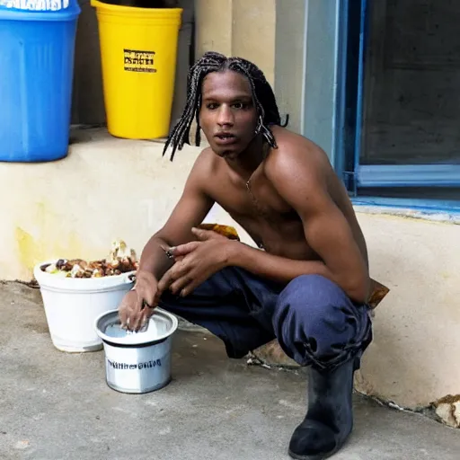 Prompt: asap rocky as a depressed junkie crackhead with a bucket of fish on his head