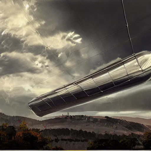 Image similar to an inflated stainless steel chrome gondola in the clouds, people are hanging by steel cables. Intricate technical drawing. Mammatus clouds. solarpunk