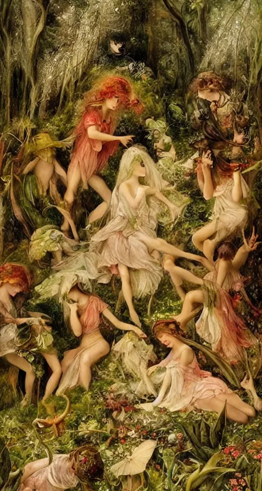 Image similar to a small gathering of fairies wearing beautiful clothing in a dewy mushroom, art by J. A. Fitzgerald, Richard Dadd, Henry Fuseli, beautiful chararacter art, highly detailed, ethereal, beautiful