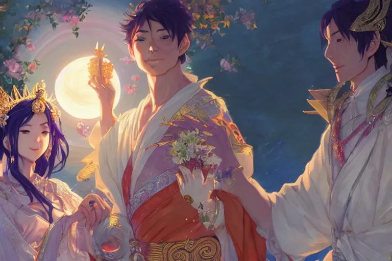 Prompt: close up moment of a divine a japan sun god and a moon goddess lovers magician at a wedding banquet, highly detailed, d & d, fantasy, 4 k realistic, digital painting, trending on artstation, concept art, sharp focus, illustration, art by makoto shinkai and akihiko yoshida and daniel gerhartz