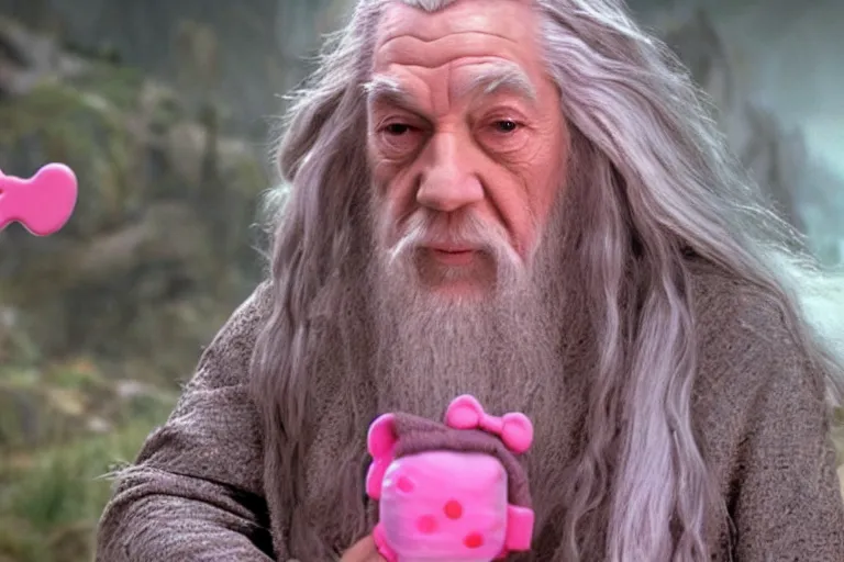 Image similar to portrait of Gandalf wearing pink Hello kitty costume, smiling warmly, sunrise, movie still from Lord of the Rings, cinematic